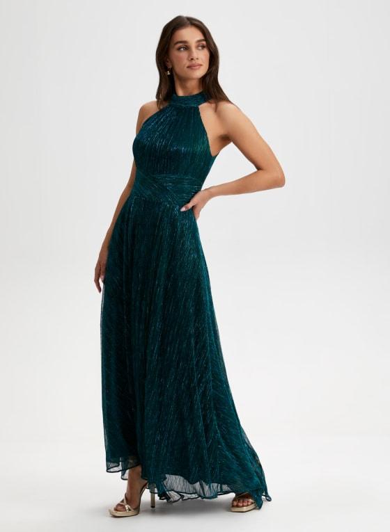 Metallic Crinkle Halter Neck Dress