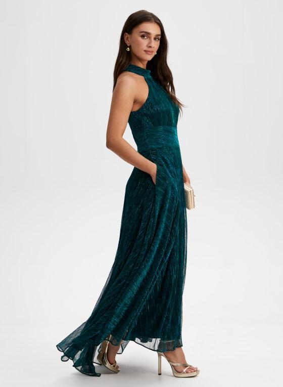Metallic Crinkle Halter Neck Dress