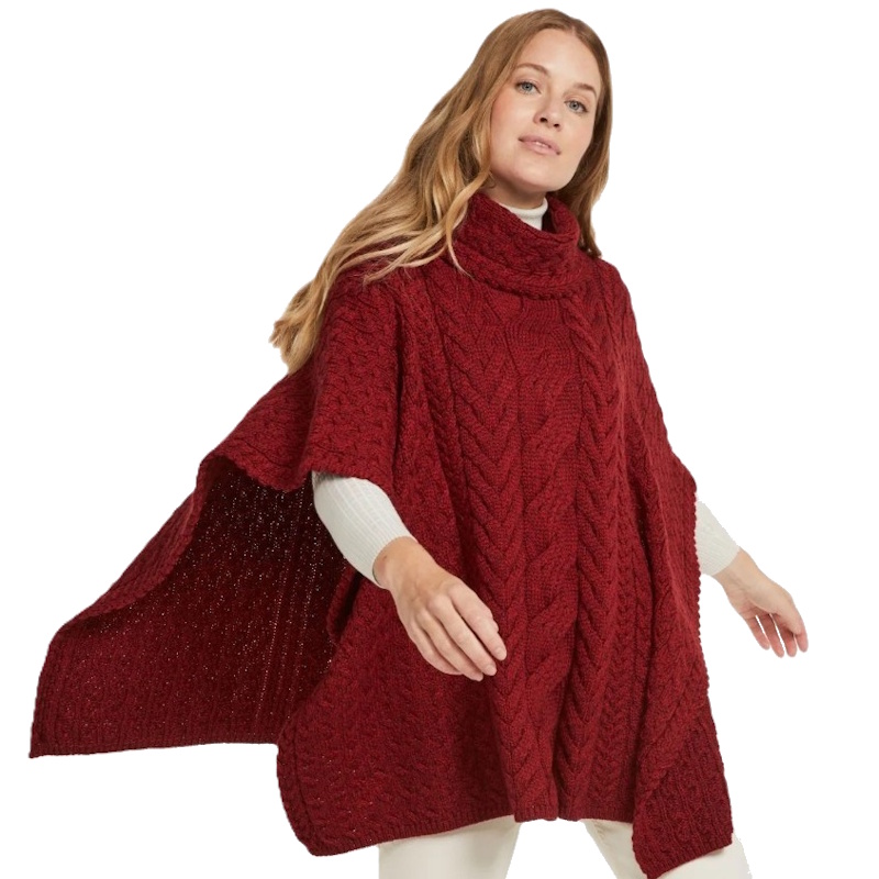 Aran Woollen Mills dames poncho Kelly - Warm Red