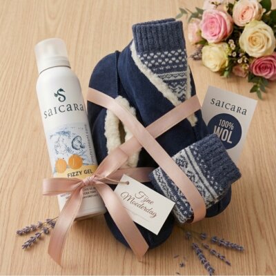 Cadeauset-spaanse sloffen navy-fizzy gel-hygge sokken-moederdag